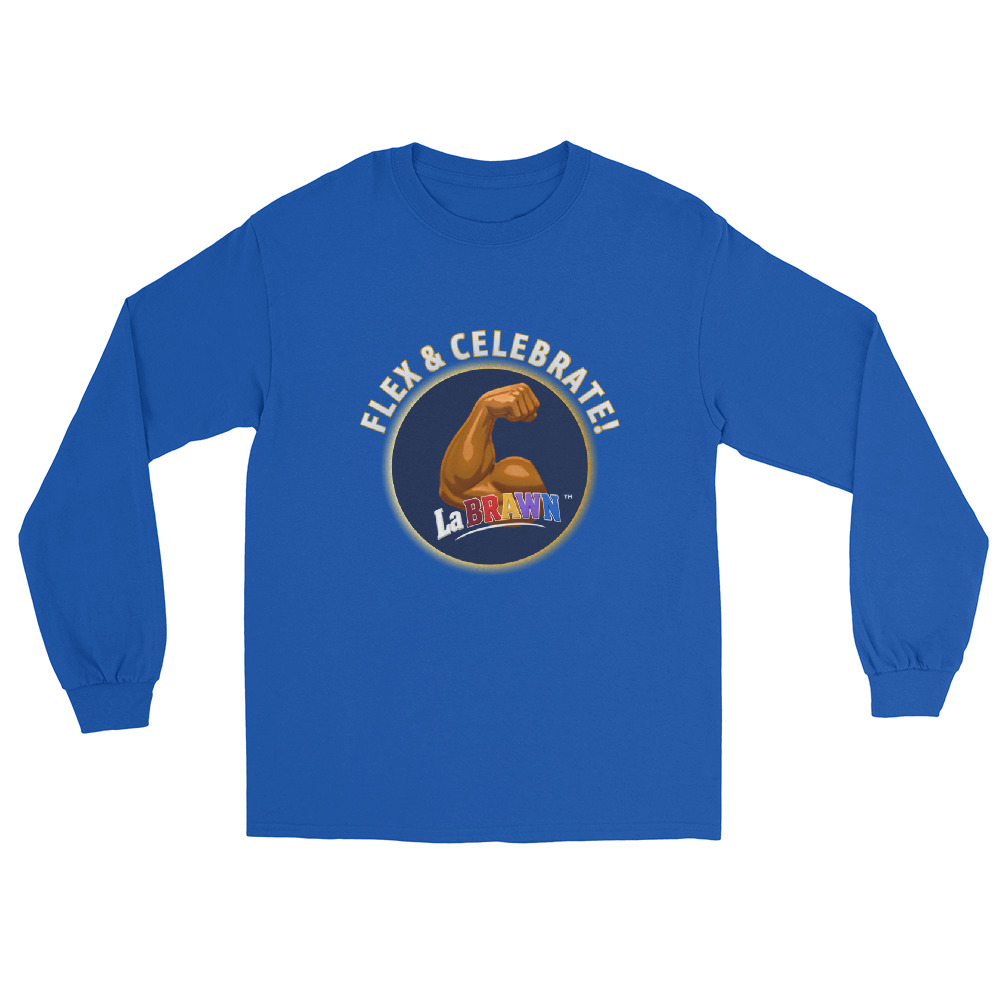 Royal blue unisex La BRAWN™ long sleeve tee for men and women, shown flat as a product mockup: the flexing-arm logo on a deep-blue disc inside a soft gold circle, with FLEX & CELEBRATE! arched around it, printed on the chest